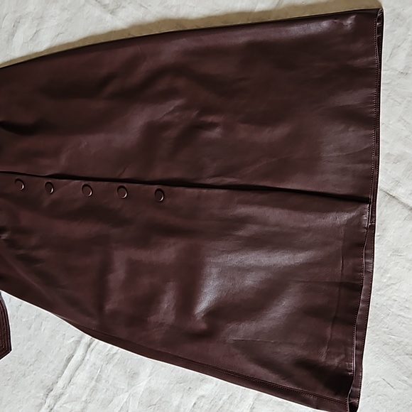 Faux Leather Wine Brown Belted Midi Skirt Snap Buttons Pencil Size Xsmall - Picture 12 of 17